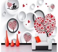 Amantes Rojo En Forma De Corazón Árboles Círculo 3D Papel Pintado Pared Fácil Instalación Oficina Sala Estar Sofá Dormitorio TV Fondos Decoración-200cm×140cm