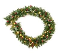 Amaoasis Guirnalda de Navidad preiluminada de 9 pies, pino mixto decorado con bayas heladas, piñones, 50 LED con temporizador, funciona con pilas, para escaleras de manto para interiores y exteriores