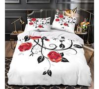 Amapola roja floral Funda de Edredón 3 Piezas de poliéster Diseño 3D Cremallera Oculta con Fundas de Almohada Antibacteriana Ilustración botánica Funda Edredon for jóvenes Super king（260x220cm）