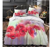 Amapolas rojas Funda de Edredón incluye Fundas de Almohada Juego de 3 Piezas Diseño 3D Cierre de Cremallera Oculta Antibacteriana Acuarela floral Funda Edredon for Ancianos Single（135x200cm）