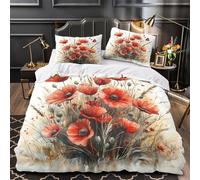 Amapolas rojas Funda de Edredón Juego de 3 Piezas Impresión 3D Cierre de Cremallera Oculta incluye Fundas de Almohada Antialérgica Acuarela floral Funda Edredon for Adultos Single（140x200cm）