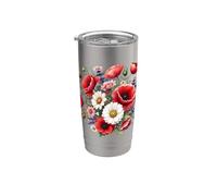 Amapolas rojas y margaritas en plena floración en formas blancas Mania Vaso térmico de acero inoxidable de doble pared
