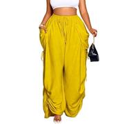 ,Amarillo,3XL,Pantalones de Pierna Ancha Casuales para Mujer de Verano con Cintura Alta, Pliegues y cordón, Sueltos y con Bolsillos