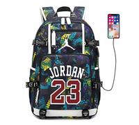 (Amarillo) Jugador de Baloncesto Jordan Logo Mochila USB Taptop Ruckpack Niño Bolsa Escolar