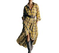 Amarillo,L,Vestido Largo con Camisa a Cuadros de Manga Larga para Mujer, Vestido Largo Informal de Corte Holgado, Vintage, Estilo Country Occidental, con cinturón