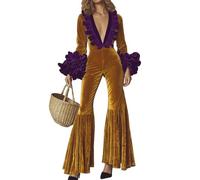 Amarillo,M,Mono Sexy de Terciopelo con Escote en V Profundo y Bloques de Color para Mujer, Manga Larga, Corte Ajustado, Dobladillo Acampanado, Pantalones Largos