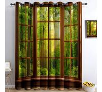 Amarillo Verdoso Cortinas Opacas 280 x 245 cm Vista del Bosque Desde La Ventana - Cortinas de Tela Gruesa y Suave, Aislantes Térmicas para Salón, Oficina o Habitación, 2 Piezas