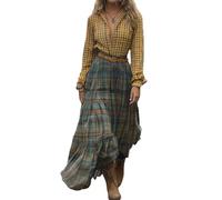 Amarillo,XL,Vestido Largo De Cuadros con Parches Vestido Camisero Elegante Vintage De Manga Larga con Cuello En V Vestido Largo Vaporoso Casual De Otoño