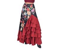 AMARU SANCHESU Falda Flamenca Mujer con 5 Volantes - Mucho Vuelo y Caída Espectacular - Ligera, Cómoda y Ideal para Baile, Ensayo o Escenario (FR/ES, Letras, L, Regular, Regular, Estampado-Granate)
