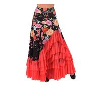 AMARU SANCHESU Falda Flamenca Mujer con 5 Volantes - Mucho Vuelo y Caída Espectacular - Ligera, Cómoda y Ideal para Baile, Ensayo o Escenario (FR/ES, Letras, L, Regular, Regular, Estampado-Coral)