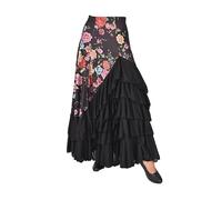 AMARU SANCHESU Falda Flamenca Mujer con 5 Volantes - Mucho Vuelo y Caída Espectacular - Ligera, Cómoda y Ideal para Baile, Ensayo o Escenario (FR/ES, Letras, XL, Regular, Regular, Estampado-Negro)
