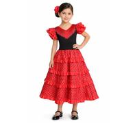 AMARU SANCHESU Vestido Infantil de Flamenco o sevillanas (FR/ES, Edad, 10 años, Regular, Rojo-Rojo)