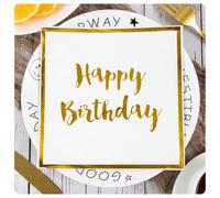 AMateschitz Servilletas de papel Happy Birthday 33 x 33 cm, servilletas de cumpleaños con texto dorado, servilletas de papel para fiestas de cumpleaños, aniversarios, color blanco #5, 20 unidades
