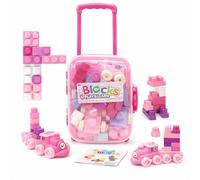 AMATOYS Bloques de Construcción - Set de 36 Bloques Grandes - Método Montessori - Maleta con Ruedas y Asa para Transportar - Juego Educativo Didáctico para Niños y Bebés +3 Años (Rosa)