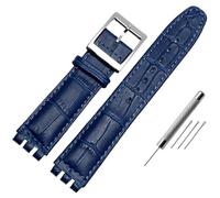AMAUPCKCA Correa de 17mm y 19mm for reloj Swatch, correa de piel de vaca, negro/marrón/blanco, resistente al agua, cierre de acero inoxidable, pulsera de negocios for hombres y mujeres(Dark blue silve