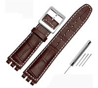AMAUPCKCA Correa de 17mm y 19mm for reloj Swatch, correa de piel de vaca, negro/marrón/blanco, resistente al agua, cierre de acero inoxidable, pulsera de negocios for hombres y mujeres(Brown white sil