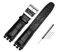 AMAUPCKCA Correa de 17mm y 19mm for reloj Swatch, correa de piel de vaca, negro/marrón/blanco, resistente al agua, cierre de acero inoxidable, pulsera de negocios for hombres y mujeres(Black silver bu