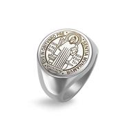 Amaxer Anillo con sello de San Benito de Nursia para hombre, medalla de santos, amuleto de protección religiosa, anillo punk de acero inoxidable, 8-12, Acero inoxidable