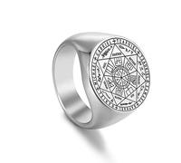 Amaxer Anillo de acero inoxidable Viking The Seal of The Seven Arcángeles Protección Amuleto Sello Solomon Kabbalah Pulido Joyería para hombres y mujeres (12, Plata)