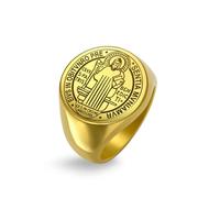 Amaxer Anillo de sello de San Benito de Nursia para hombres, medalla de santos, amuleto de protección religiosa, anillo de declaración punk de acero inoxidable (dorado, diámetro 18 mm)