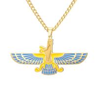 Amaxer Collar con colgante de Faravahar esmaltado azul para hombres y mujeres, acero inoxidable, zoroastrismo iraní persa, símbolo de Farohar, insignia de herencia iraní, collar de joyería para regalo