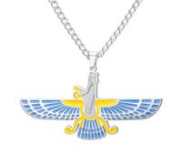 Amaxer Collar con colgante de Faravahar esmaltado azul para hombres y mujeres, acero inoxidable, zoroastrismo iraní persa, símbolo de Farohar, insignia de herencia iraní, collar de joyería para regalo