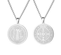 Amaxer Collar de San Benito de Nursia para mujer, medalla de santos, amuleto de protección religiosa, collar para mujeres y hombres (plata)