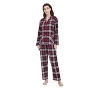 Amaxer Conjunto de Pijama de Franela para Mujer 100% Algodón Conjuntos de Pijama de Otoño e Invierno,Cuadros Rojos y Azules con líneas Blancas,L