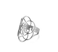 Amaxer Flor de la vida semilla de la vida Mandala geometría sagrada anillo de tono negro para mujer declaración hueca banda ajustable anillo joyería para mujer (Plata)