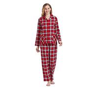 Amaxer Pijama de Dos Piezas Mujer, Conjunto de Pijama de Franela 100% algodón, Ropa de Dormir de Manga Larga, Traje para el hogar, Ropa de Dormir y Pantalones de Pijama, Rayas Rojas M
