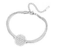 Amaxer - Pulsera de flor de la vida para mujer, de acero inoxidable, semilla de vida, mandala, geometría sagrada protección, declaración, joyas, doble capa, pulsera ajustable, One Size, Acero