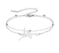 Amaxer Pulsera de Gimnasia para Mujer de Acero Inoxidable Cadena Doble Ajustable con Cuentas Pulseras de Tobillo para Gimnasta Equipo de Ballet Bailarina Danza Pulseras de Tobillo, L22cm, Acero