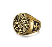 Amaxer San Benito de Nursia Signet Anillo para Hombres San Benito Exorcismo Católico Romano Cruz Religiosa Protección Acero Inoxidable Punk Declaración Anillo (Oro, 21mm)