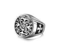 Amaxer San Benito de Nursia Signet Anillo para Hombres San Benito Exorcismo Católico Romano Cruz Religiosa Protección Acero Inoxidable Punk Declaración Anillo (Plata, 21mm)