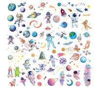 Amaxiu 12 hojas de tatuaje temporal espacial con purpurina para niños, tatuajes falsos de planeta astronauta, pegatina brillante, lindo cohete, transferencia de agua tatuaje para cara y cuerpo
