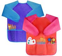 Amaza 2Pcs Delantal Infantil Pintura Impermeable para 2-8 Años, con 3 Bolsillos, Delantal de Pintura para Niños, Bata Pintura Niños para Artes y Manualidades, Pintura (Azul & Rojo)