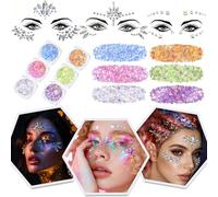 Amaza 9PCS Pegatinas Cara Brillante y Gel de Purpurina Cara Luminoso, 6 Colores Gel de Glitter Maquillaje + 3PCS Brillantes Pegatinas Faciales para Festival para Uñas Faciales Ojos Cuerpo