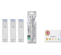 amazdone Uni Alpha Gel Switch - Portaminas de 0,3 mm, cuerpo gris (M31009GG1P.23) + mina de lápiz mecánico Uni, minas a prueba de manchas de 0.3 mm HB, juego de 3 notas adhesivas