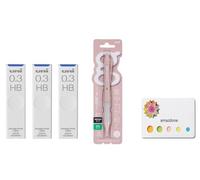 amazdone Uni Alpha Gel Switch - Portaminas de 0,3 mm, cuerpo rosa de algodón (M31009GG1P.51) + mina de lápiz mecánico uni, minas a prueba de manchas de 0,3 mm HB, juego de 3 notas adhesivas