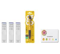 amazdone Uni Alpha Gel Switch - Portaminas de 0,5 mm, cuerpo amarillo (M51009GG1P.2) + mina de lápiz mecánico uni, minas Uni a prueba de manchas de 0.5 mm HB, juego de 3 notas adhesivas