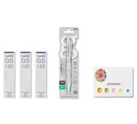 amazdone Uni Alpha Gel Switch - Portaminas de 0,5 mm, cuerpo gris (M51009GG1P.23) + mina de lápiz mecánico Uni, minas a prueba de manchas de 0.5 mm HB, juego de 3 notas adhesivas