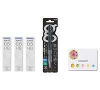 amazdone Uni Alpha Gel Switch - Portaminas de 0,5 mm, cuerpo negro (M51009GG1P.24) + mina de lápiz mecánico Uni, minas a prueba de manchas de 0.5 mm HB, juego de 3 notas adhesivas