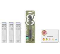 amazdone Uni Alpha Gel Switch - Portaminas de 0,5 mm, cuerpo oliva oscuro (M51009GG1P.18) + mina de lápiz mecánico Uni, minas a prueba de manchas de 0.5 mm HB, juego de 3 notas adhesivas