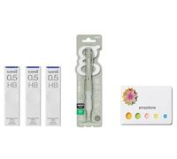 amazdone Uni Alpha Gel Switch - Portaminas de 0,5 mm, cuerpo verde ópalo (M51009GG1P.52) + mina de lápiz mecánico Uni, minas a prueba de manchas de 0.5 mm HB, juego de 3 notas adhesivas