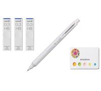 amazdone Uni Kurutoga KS - Portaminas de 0,3 mm, color gris claro (M3KS1P.37) + minas uni a prueba de manchas, 0,3 mm HB, juego de 3 notas adhesivas