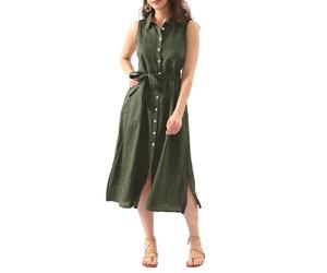 Amazhiyu Vestido de lino para mujer, vestido camisero, maxi vestido de verano, sin mangas, vestido de verano, vestido de playa, vestido largo y elegante, con bolsillos y cinturón de cadera, verde, L