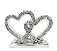 Amazing Gift Adorno de amor de doble corazón plateado con diamante aplastado, una celebración radiante del afecto eterno, adorno de amor de ley, adorno brillante para decoración interior del hogar