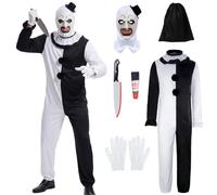 Amazluck Disfraz de terrifier para adultos, 7 piezas, diseño de payaso, máscara de payaso, máscara de payaso, guantes de látex, cuchillo de plástico, bolsa de almacenamiento, Halloween, conjunto para