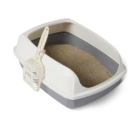 Amazon Basics Arenero para Gatos, Alto y Abierto, Fácil de Limpiar, Incluye Recogedor, Blanco/Gris, 50,5 x 38 x 20 cm
