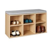 Amazon Basics Banco Zapatero para Entrada con Asiento Acolchado, 6 Compartimientos, Estantes Ajustables, Color Roble, 87x48x30 cm